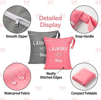 2 Pcs Large Travel Laundry Bags, 19 x 15 Inches Waterproof Wet Dry Bag for Dirty Clothes, Washable Zippered Laundry Bag for Gym, Beach, Swimming and College Dorm, Pink & Grey