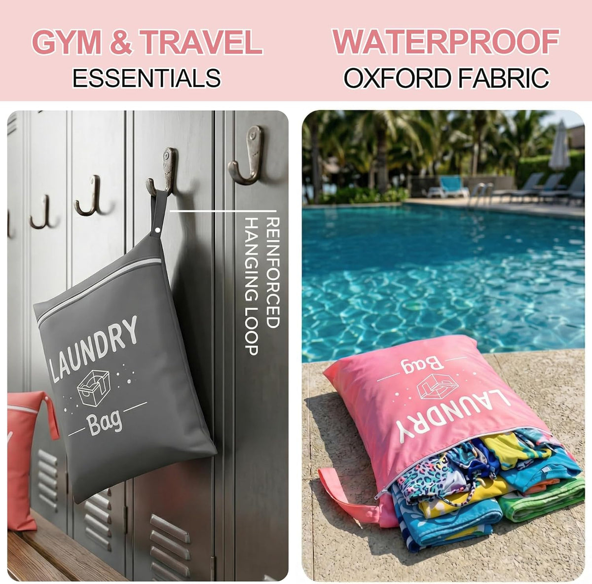 2 Pcs Large Travel Laundry Bags, 19 x 15 Inches Waterproof Wet Dry Bag for Dirty Clothes, Washable Zippered Laundry Bag for Gym, Beach, Swimming and College Dorm, Pink & Grey