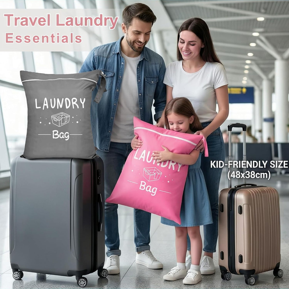2 Pcs Large Travel Laundry Bags, 19 x 15 Inches Waterproof Wet Dry Bag for Dirty Clothes, Washable Zippered Laundry Bag for Gym, Beach, Swimming and College Dorm, Pink & Grey