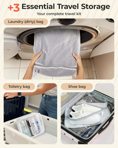 Vacuum Seal Storage Bags for Clothing Travel, 12 Pack Travel Essentials Bundle includes Laundry Bag & Waterproof Shoe Bag & TSA Approved Toiletry Bag, Hand Pump Included