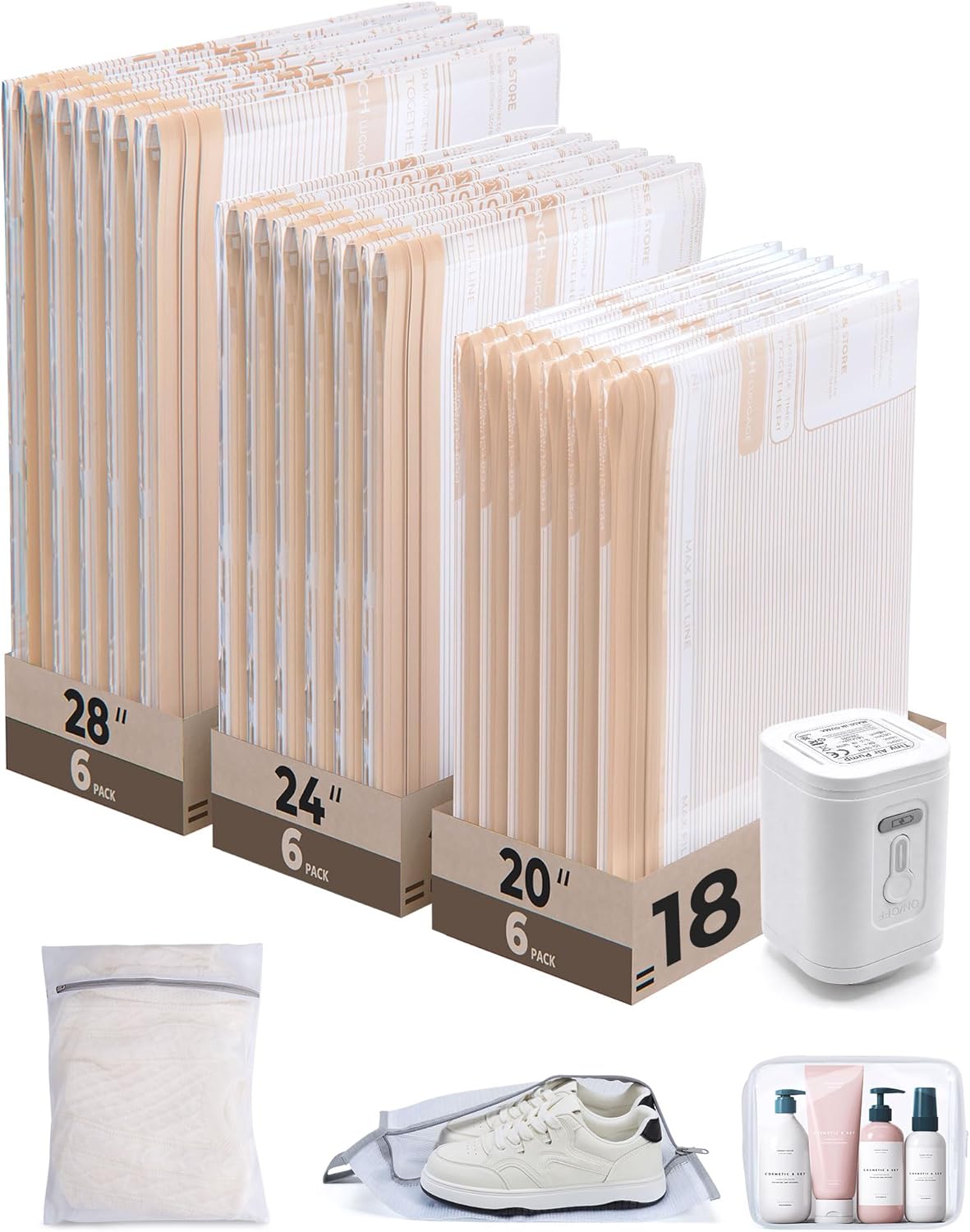 Vacuum Seal Storage Bags for Clothing Travel, 12 Pack Travel Essentials Bundle includes Laundry Bag & Waterproof Shoe Bag & TSA Approved Toiletry Bag, Hand Pump Included