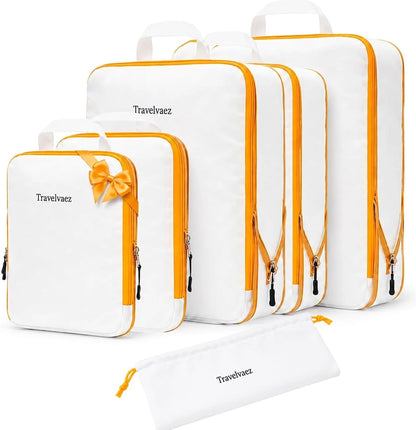 6 Set Large Compression Packing Cubes for travel. Durable, Expandable and Lightweight Packing Cubes for Travel Compression with Laundry bag, White