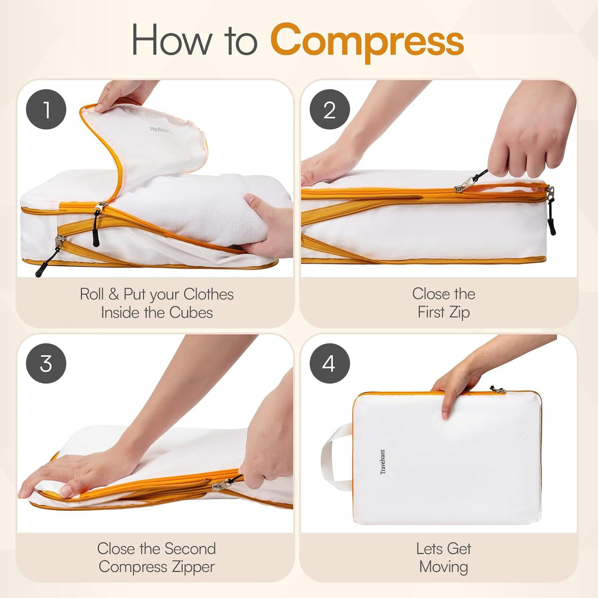 6 Set Large Compression Packing Cubes for travel. Durable, Expandable and Lightweight Packing Cubes for Travel Compression with Laundry bag, White