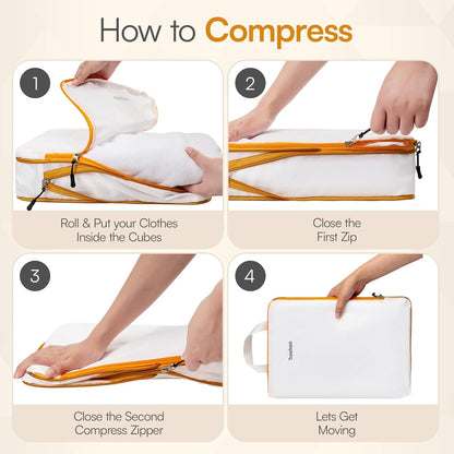 6 Set Large Compression Packing Cubes for travel. Durable, Expandable and Lightweight Packing Cubes for Travel Compression with Laundry bag, White