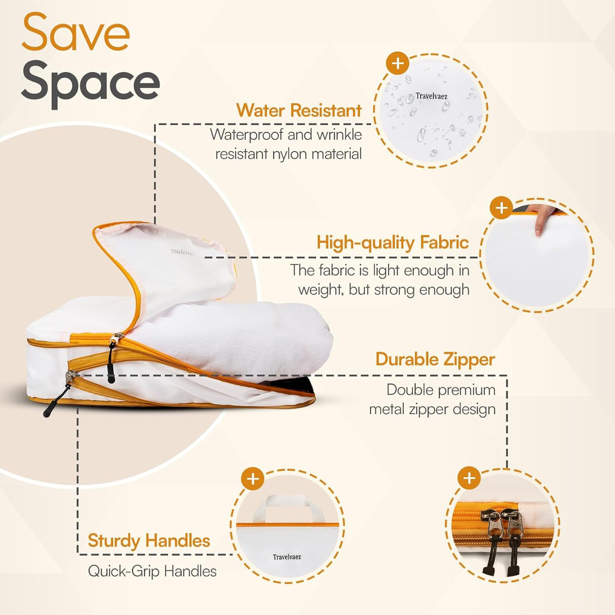 6 Set Large Compression Packing Cubes for travel. Durable, Expandable and Lightweight Packing Cubes for Travel Compression with Laundry bag, White