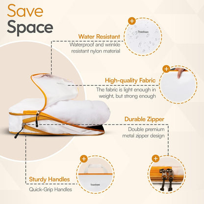 6 Set Large Compression Packing Cubes for travel. Durable, Expandable and Lightweight Packing Cubes for Travel Compression with Laundry bag, White