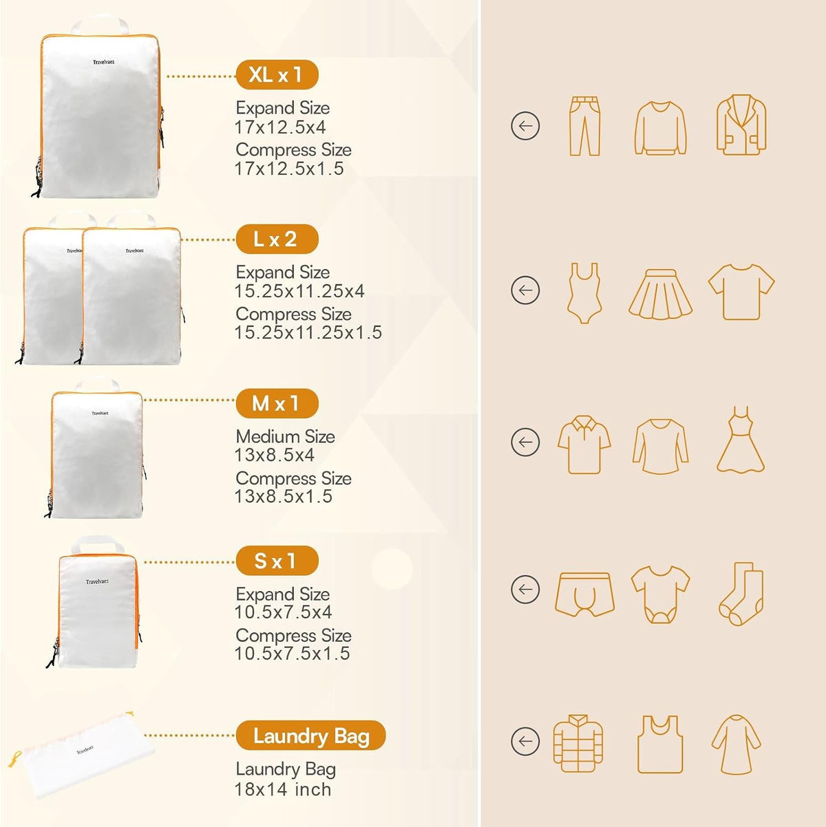 6 Set Large Compression Packing Cubes for travel. Durable, Expandable and Lightweight Packing Cubes for Travel Compression with Laundry bag, White