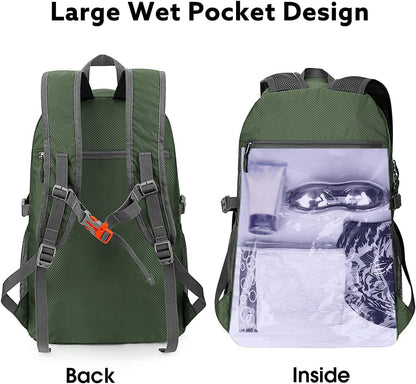 40L Lightweight Packable Hiking Backpack, Waterproof Travel Daypack | Water-Resistant Polyamide, Size: 18.9*12.9*9.4inch(L*W*H), 100% Waterproof Wet Pocket, Travel, Climbing, swimming (Blue)