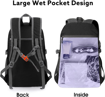 40L Lightweight Packable Hiking Backpack, Waterproof Travel Daypack | Water-Resistant Polyamide, Size: 18.9*12.9*9.4inch(L*W*H), 100% Waterproof Wet Pocket, Travel, Climbing, swimming (Blue)
