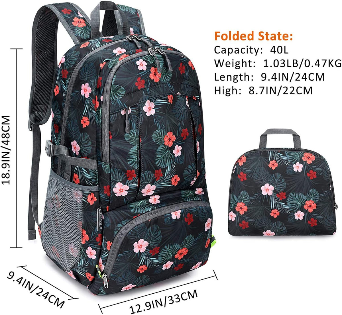 40L Lightweight Packable Hiking Backpack, Waterproof Travel Daypack | Water-Resistant Polyamide, Size: 18.9*12.9*9.4inch(L*W*H), 100% Waterproof Wet Pocket, Travel, Climbing, swimming (Blue)