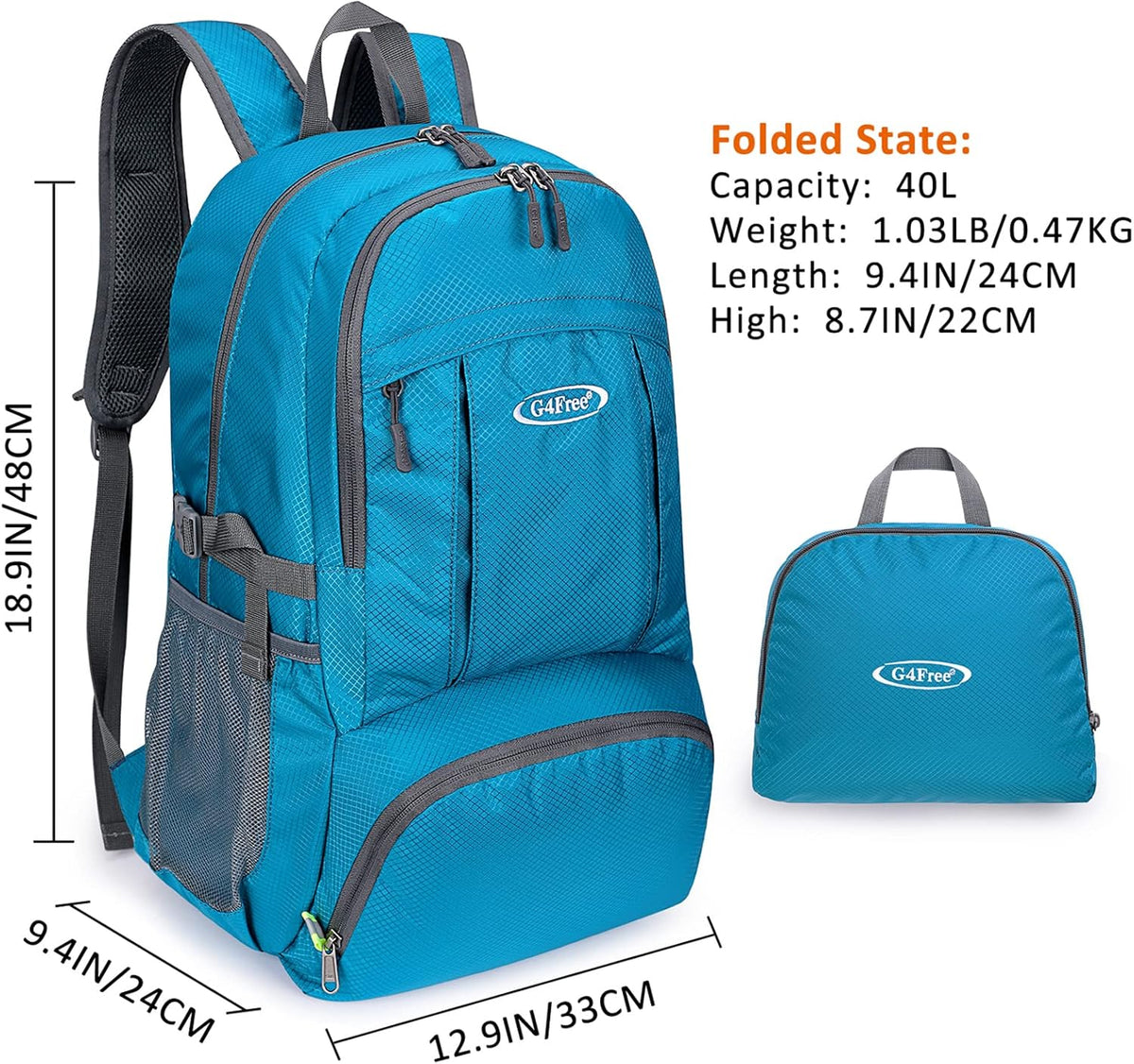 40L Lightweight Packable Hiking Backpack, Waterproof Travel Daypack | Water-Resistant Polyamide, Size: 18.9*12.9*9.4inch(L*W*H), 100% Waterproof Wet Pocket, Travel, Climbing, swimming (Blue)