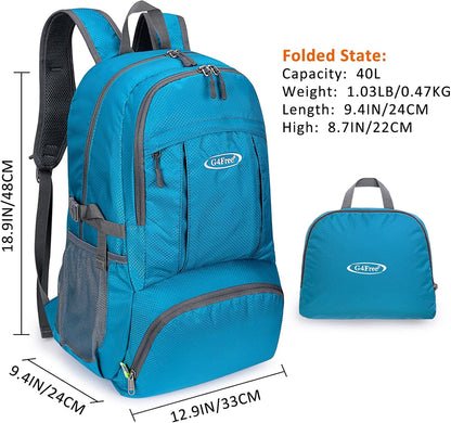 40L Lightweight Packable Hiking Backpack, Waterproof Travel Daypack | Water-Resistant Polyamide, Size: 18.9*12.9*9.4inch(L*W*H), 100% Waterproof Wet Pocket, Travel, Climbing, swimming (Blue)