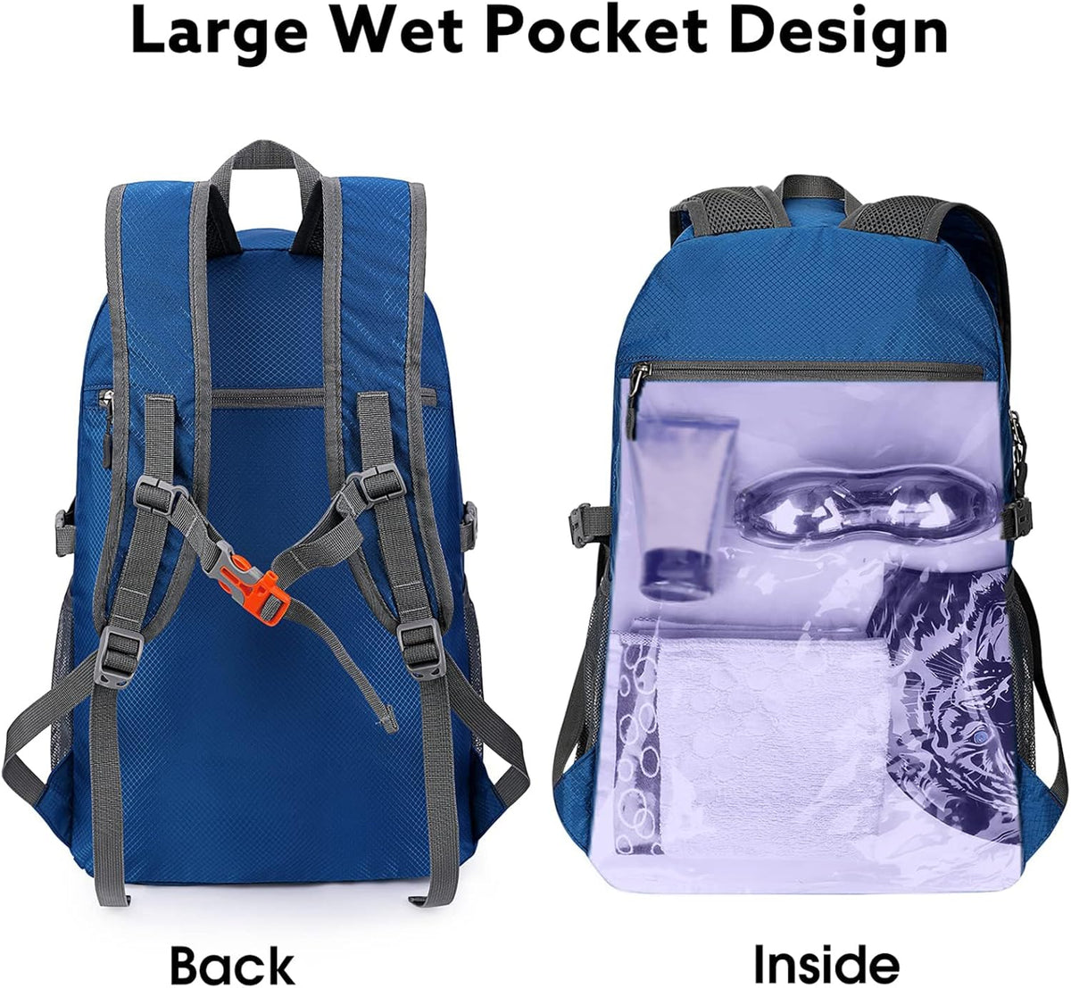 40L Lightweight Packable Hiking Backpack, Waterproof Travel Daypack | Water-Resistant Polyamide, Size: 18.9*12.9*9.4inch(L*W*H), 100% Waterproof Wet Pocket, Travel, Climbing, swimming (Blue)