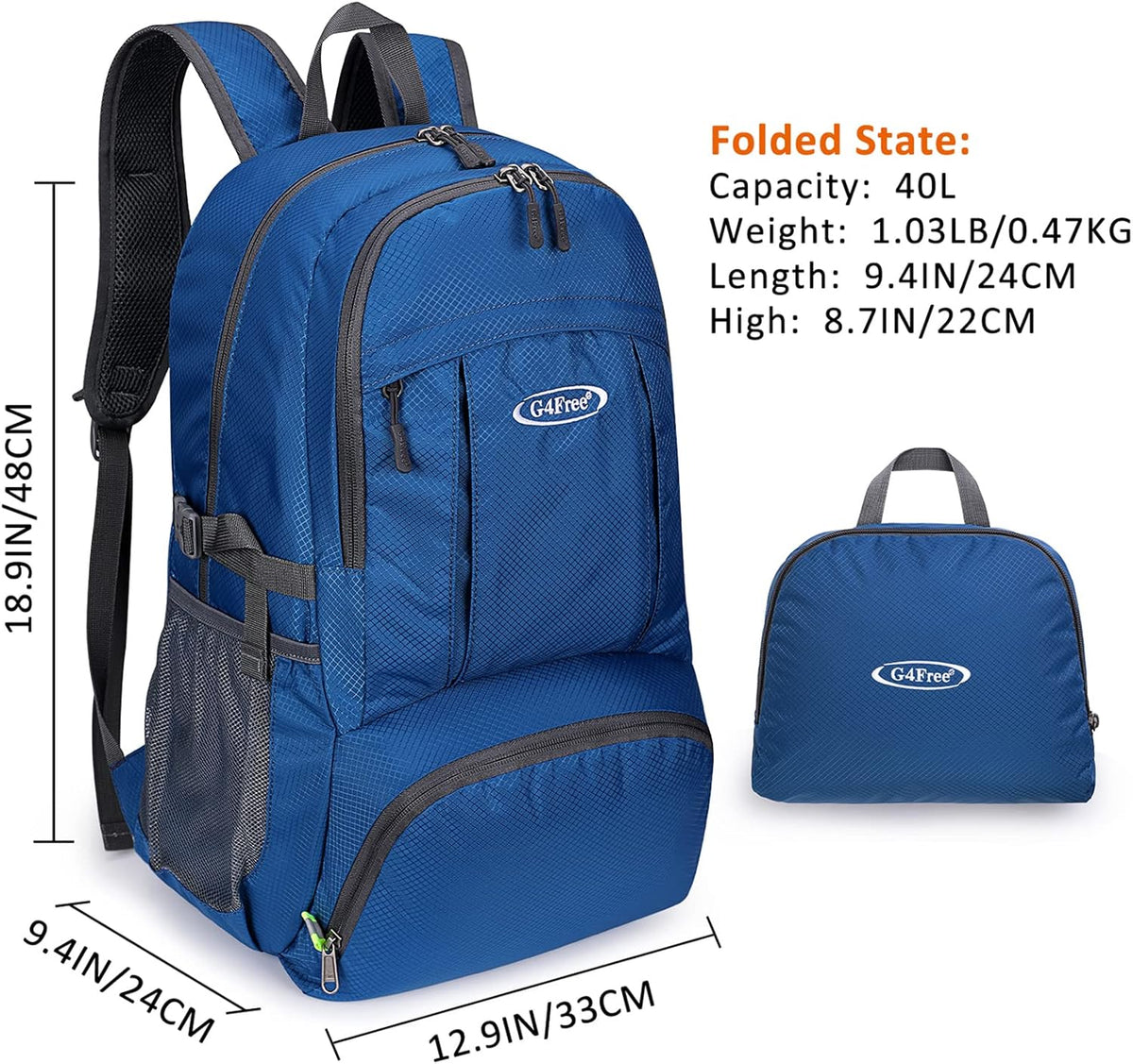 40L Lightweight Packable Hiking Backpack, Waterproof Travel Daypack | Water-Resistant Polyamide, Size: 18.9*12.9*9.4inch(L*W*H), 100% Waterproof Wet Pocket, Travel, Climbing, swimming (Blue)