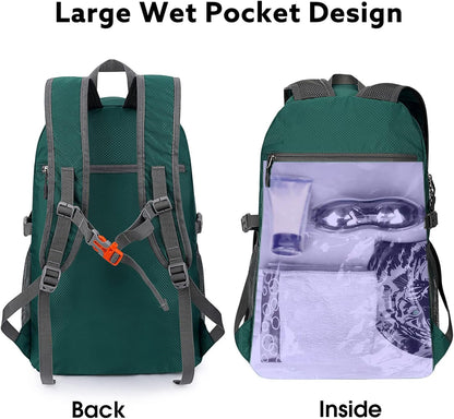 40L Lightweight Packable Hiking Backpack, Waterproof Travel Daypack | Water-Resistant Polyamide, Size: 18.9*12.9*9.4inch(L*W*H), 100% Waterproof Wet Pocket, Travel, Climbing, swimming (Blue)