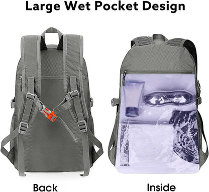 40L Lightweight Packable Hiking Backpack, Waterproof Travel Daypack | Water-Resistant Polyamide, Size: 18.9*12.9*9.4inch(L*W*H), 100% Waterproof Wet Pocket, Travel, Climbing, swimming (Blue)