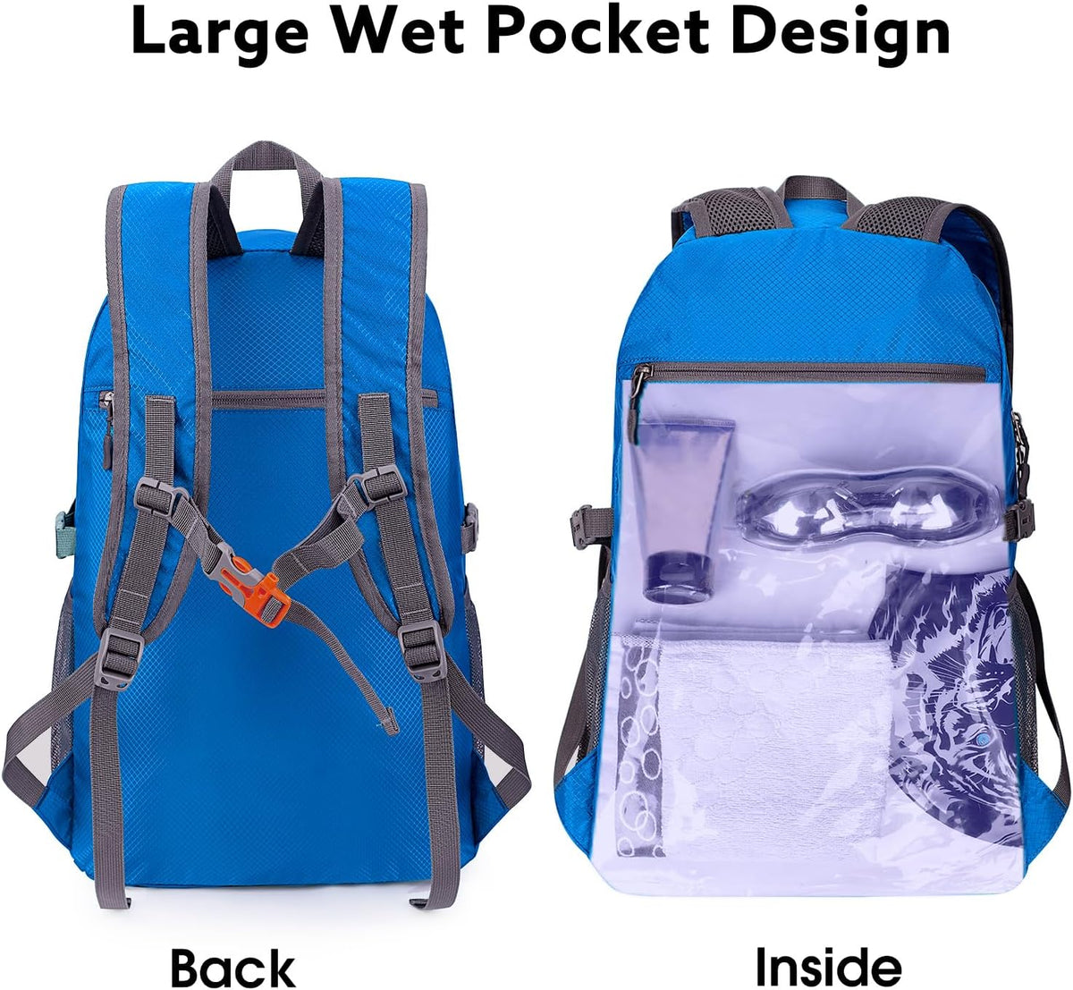 40L Lightweight Packable Hiking Backpack, Waterproof Travel Daypack | Water-Resistant Polyamide, Size: 18.9*12.9*9.4inch(L*W*H), 100% Waterproof Wet Pocket, Travel, Climbing, swimming (Blue)