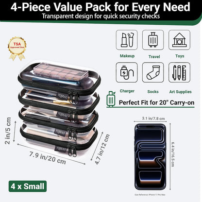 Clear Hard Shell Zipper Case, 1.2mm Heavy Duty Crush-Proof Diaper Bag Organizer Pouches, TSA Approved Travel Makeup Bag for Toiletries & Electronics, (2L, 2M, 2S) Multi-Size Storage Set