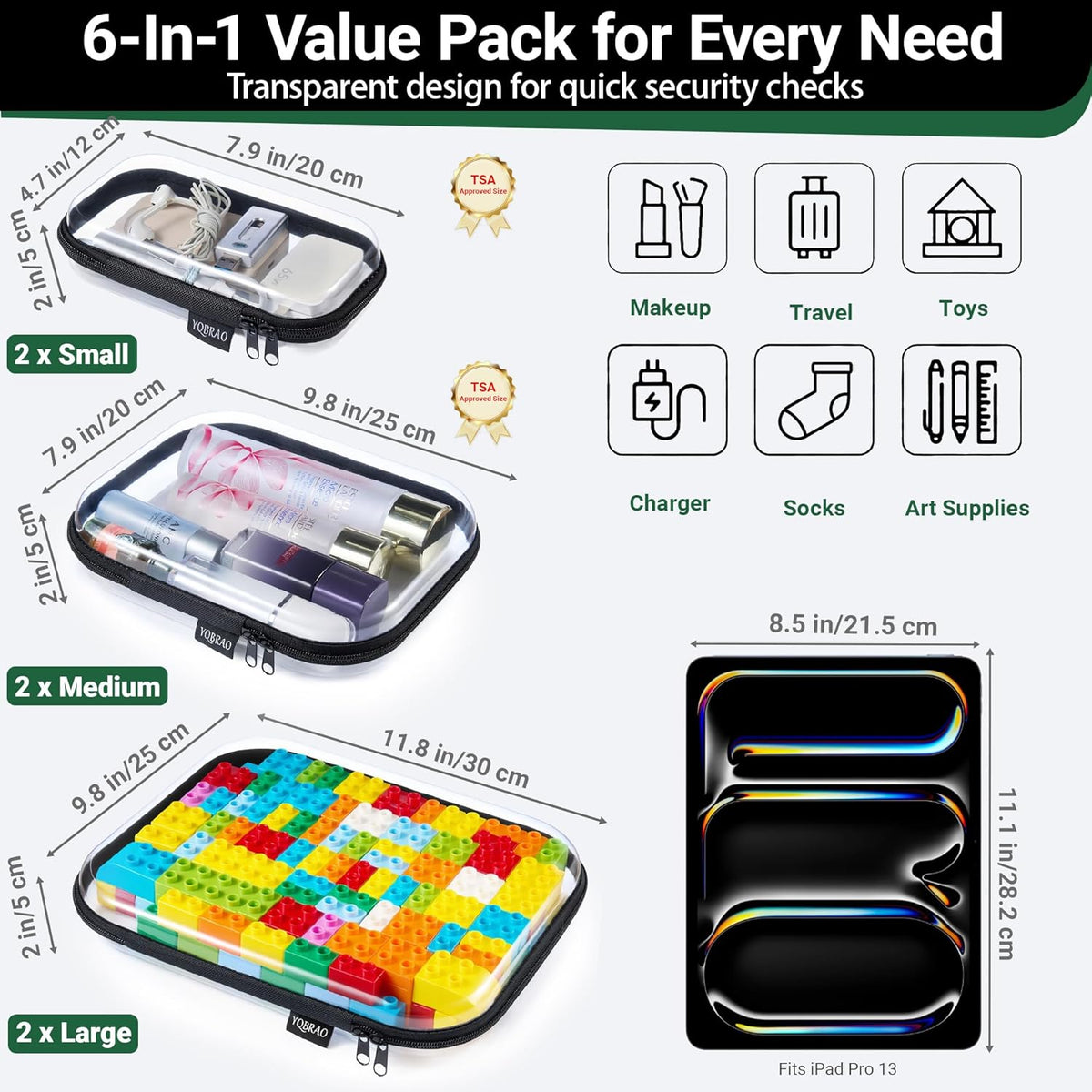 Clear Hard Shell Zipper Case, 1.2mm Heavy Duty Crush-Proof Diaper Bag Organizer Pouches, TSA Approved Travel Makeup Bag for Toiletries & Electronics, (2L, 2M, 2S) Multi-Size Storage Set