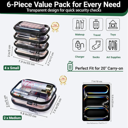 Clear Hard Shell Zipper Case, 1.2mm Heavy Duty Crush-Proof Diaper Bag Organizer Pouches, TSA Approved Travel Makeup Bag for Toiletries & Electronics, (2L, 2M, 2S) Multi-Size Storage Set
