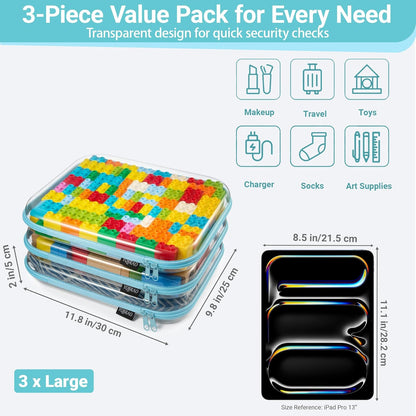Clear Hard Shell Zipper Case, 1.2mm Heavy Duty Crush-Proof Diaper Bag Organizer Pouches, TSA Approved Travel Makeup Bag for Toiletries & Electronics, (2L, 2M, 2S) Multi-Size Storage Set