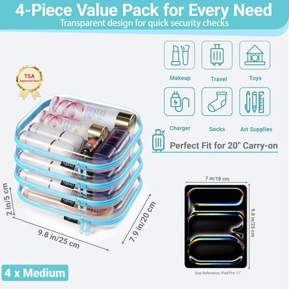 Clear Hard Shell Zipper Case, 1.2mm Heavy Duty Crush-Proof Diaper Bag Organizer Pouches, TSA Approved Travel Makeup Bag for Toiletries & Electronics, (2L, 2M, 2S) Multi-Size Storage Set
