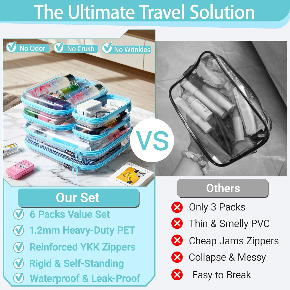 Clear Hard Shell Zipper Case, 1.2mm Heavy Duty Crush-Proof Diaper Bag Organizer Pouches, TSA Approved Travel Makeup Bag for Toiletries & Electronics, (2L, 2M, 2S) Multi-Size Storage Set