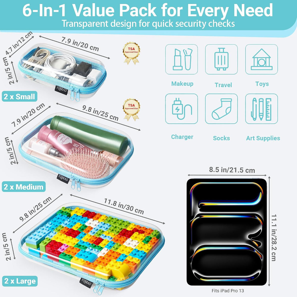 Clear Hard Shell Zipper Case, 1.2mm Heavy Duty Crush-Proof Diaper Bag Organizer Pouches, TSA Approved Travel Makeup Bag for Toiletries & Electronics, (2L, 2M, 2S) Multi-Size Storage Set