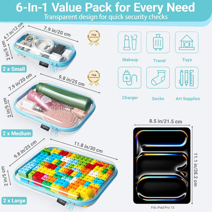 Clear Hard Shell Zipper Case, 1.2mm Heavy Duty Crush-Proof Diaper Bag Organizer Pouches, TSA Approved Travel Makeup Bag for Toiletries & Electronics, (2L, 2M, 2S) Multi-Size Storage Set