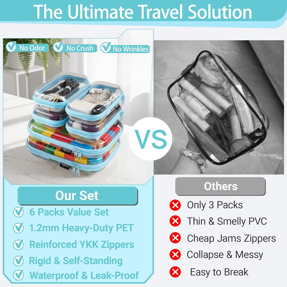 Clear Hard Shell Zipper Case, 1.2mm Heavy Duty Crush-Proof Diaper Bag Organizer Pouches, TSA Approved Travel Makeup Bag for Toiletries & Electronics, (2L, 2M, 2S) Multi-Size Storage Set