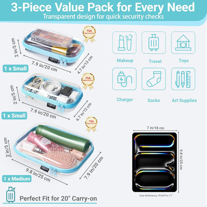 Clear Hard Shell Zipper Case, 1.2mm Heavy Duty Crush-Proof Diaper Bag Organizer Pouches, TSA Approved Travel Makeup Bag for Toiletries & Electronics, (2L, 2M, 2S) Multi-Size Storage Set