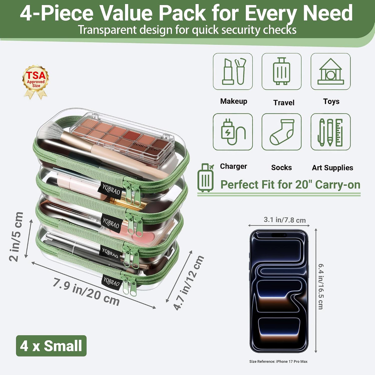 Clear Hard Shell Zipper Case, 1.2mm Heavy Duty Crush-Proof Diaper Bag Organizer Pouches, TSA Approved Travel Makeup Bag for Toiletries & Electronics, (2L, 2M, 2S) Multi-Size Storage Set