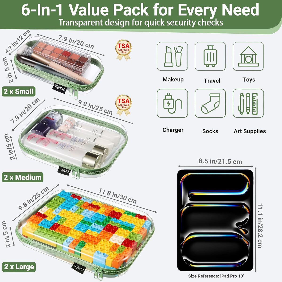 Clear Hard Shell Zipper Case, 1.2mm Heavy Duty Crush-Proof Diaper Bag Organizer Pouches, TSA Approved Travel Makeup Bag for Toiletries & Electronics, (2L, 2M, 2S) Multi-Size Storage Set