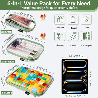 Clear Hard Shell Zipper Case, 1.2mm Heavy Duty Crush-Proof Diaper Bag Organizer Pouches, TSA Approved Travel Makeup Bag for Toiletries & Electronics, (2L, 2M, 2S) Multi-Size Storage Set