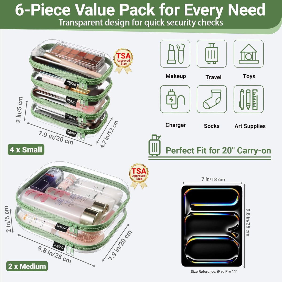 Clear Hard Shell Zipper Case, 1.2mm Heavy Duty Crush-Proof Diaper Bag Organizer Pouches, TSA Approved Travel Makeup Bag for Toiletries & Electronics, (2L, 2M, 2S) Multi-Size Storage Set