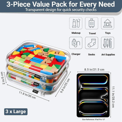 Clear Hard Shell Zipper Case, 1.2mm Heavy Duty Crush-Proof Diaper Bag Organizer Pouches, TSA Approved Travel Makeup Bag for Toiletries & Electronics, (2L, 2M, 2S) Multi-Size Storage Set