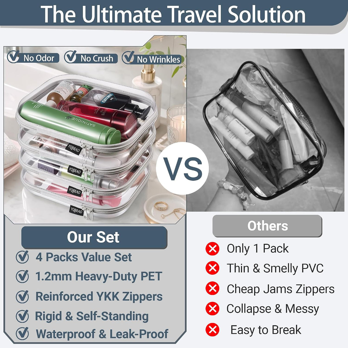 Clear Hard Shell Zipper Case, 1.2mm Heavy Duty Crush-Proof Diaper Bag Organizer Pouches, TSA Approved Travel Makeup Bag for Toiletries & Electronics, (2L, 2M, 2S) Multi-Size Storage Set