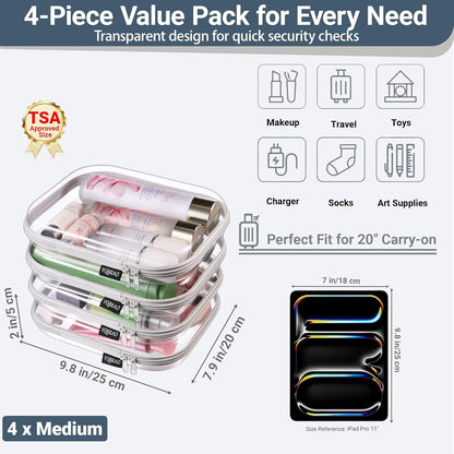 Clear Hard Shell Zipper Case, 1.2mm Heavy Duty Crush-Proof Diaper Bag Organizer Pouches, TSA Approved Travel Makeup Bag for Toiletries & Electronics, (2L, 2M, 2S) Multi-Size Storage Set
