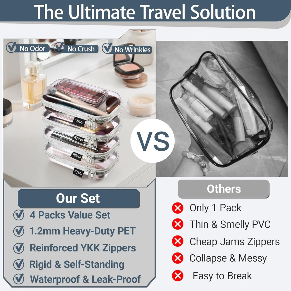 Clear Hard Shell Zipper Case, 1.2mm Heavy Duty Crush-Proof Diaper Bag Organizer Pouches, TSA Approved Travel Makeup Bag for Toiletries & Electronics, (2L, 2M, 2S) Multi-Size Storage Set
