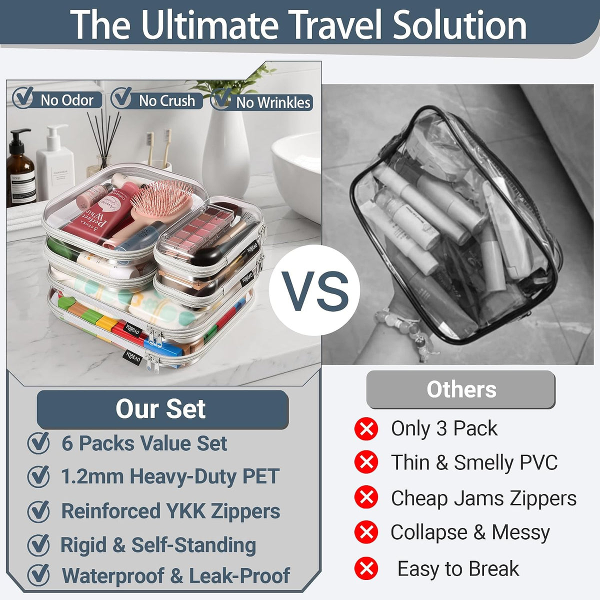 Clear Hard Shell Zipper Case, 1.2mm Heavy Duty Crush-Proof Diaper Bag Organizer Pouches, TSA Approved Travel Makeup Bag for Toiletries & Electronics, (2L, 2M, 2S) Multi-Size Storage Set