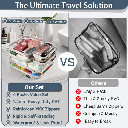 Clear Hard Shell Zipper Case, 1.2mm Heavy Duty Crush-Proof Diaper Bag Organizer Pouches, TSA Approved Travel Makeup Bag for Toiletries & Electronics, (2L, 2M, 2S) Multi-Size Storage Set