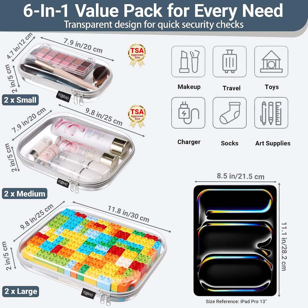 Clear Hard Shell Zipper Case, 1.2mm Heavy Duty Crush-Proof Diaper Bag Organizer Pouches, TSA Approved Travel Makeup Bag for Toiletries & Electronics, (2L, 2M, 2S) Multi-Size Storage Set