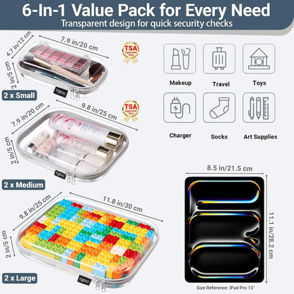 Clear Hard Shell Zipper Case, 1.2mm Heavy Duty Crush-Proof Diaper Bag Organizer Pouches, TSA Approved Travel Makeup Bag for Toiletries & Electronics, (2L, 2M, 2S) Multi-Size Storage Set
