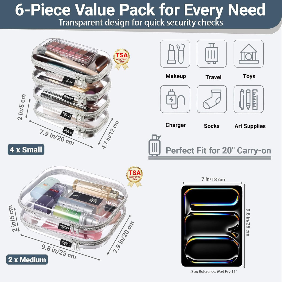 Clear Hard Shell Zipper Case, 1.2mm Heavy Duty Crush-Proof Diaper Bag Organizer Pouches, TSA Approved Travel Makeup Bag for Toiletries & Electronics, (2L, 2M, 2S) Multi-Size Storage Set