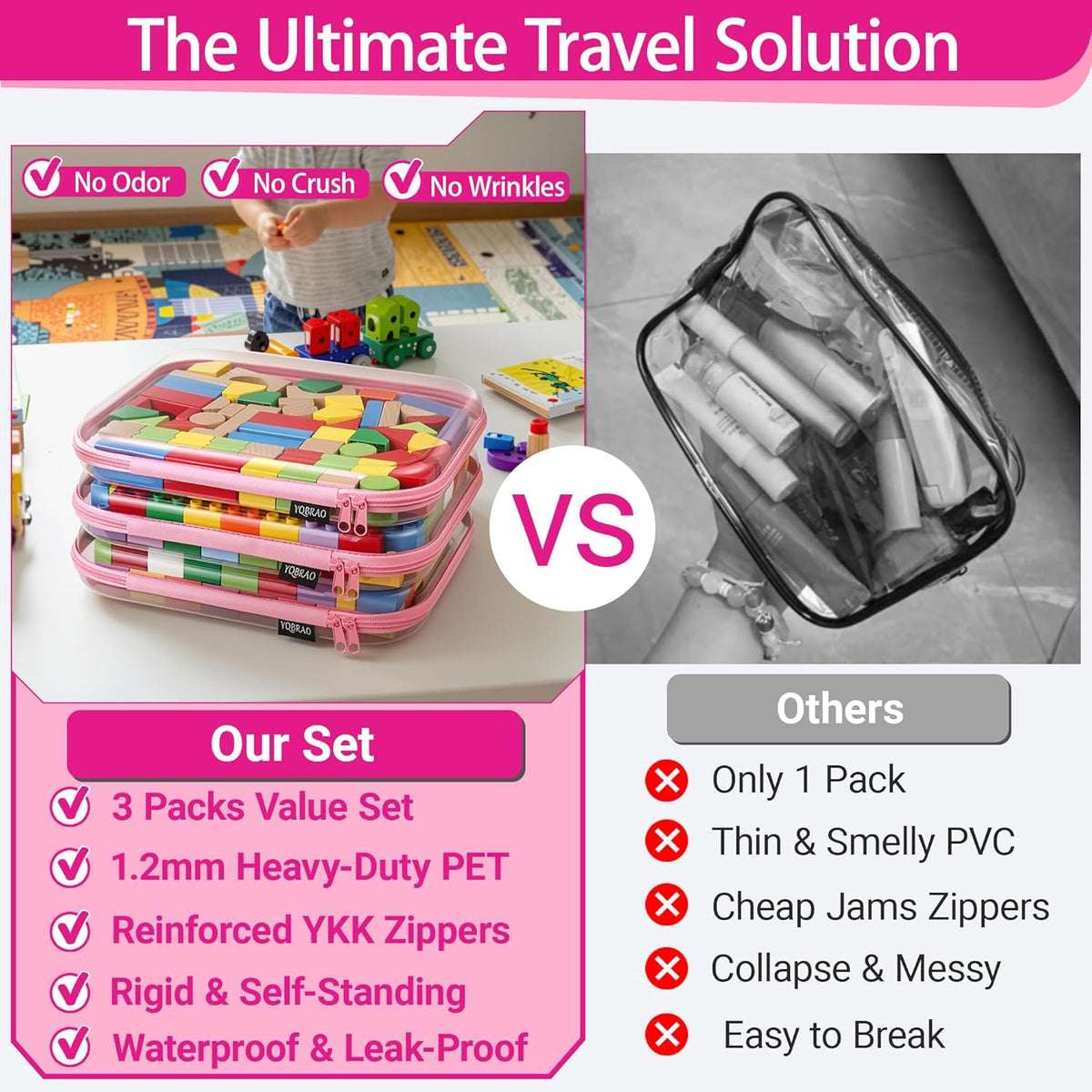 Clear Hard Shell Zipper Case, 1.2mm Heavy Duty Crush-Proof Diaper Bag Organizer Pouches, TSA Approved Travel Makeup Bag for Toiletries & Electronics, (2L, 2M, 2S) Multi-Size Storage Set