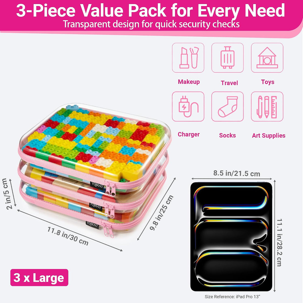 Clear Hard Shell Zipper Case, 1.2mm Heavy Duty Crush-Proof Diaper Bag Organizer Pouches, TSA Approved Travel Makeup Bag for Toiletries & Electronics, (2L, 2M, 2S) Multi-Size Storage Set