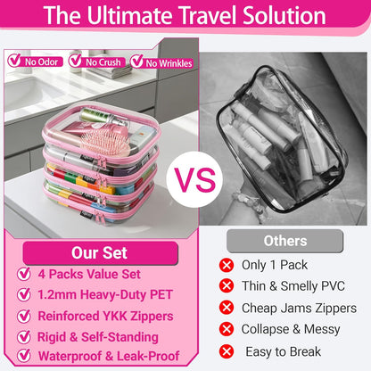 Clear Hard Shell Zipper Case, 1.2mm Heavy Duty Crush-Proof Diaper Bag Organizer Pouches, TSA Approved Travel Makeup Bag for Toiletries & Electronics, (2L, 2M, 2S) Multi-Size Storage Set