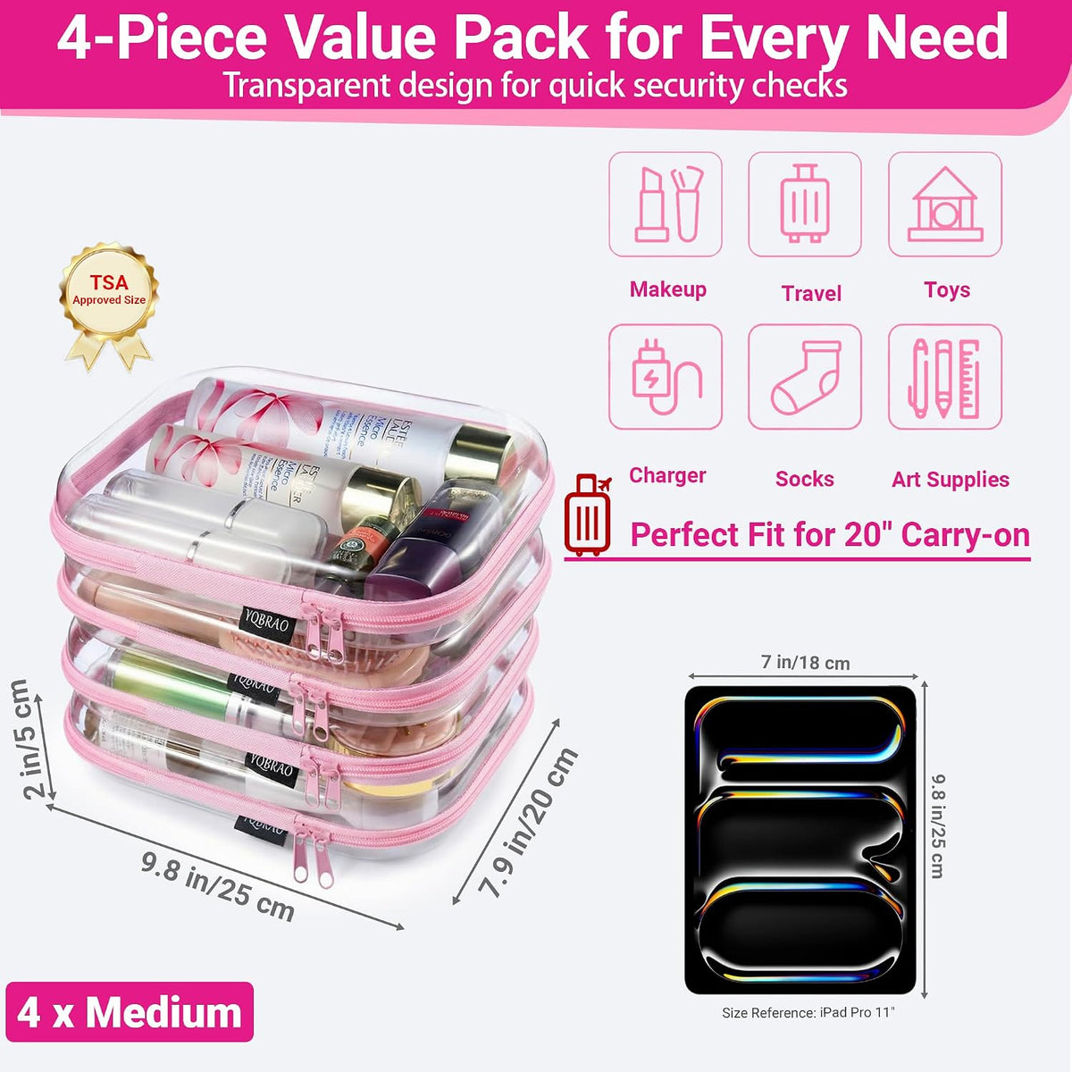 Clear Hard Shell Zipper Case, 1.2mm Heavy Duty Crush-Proof Diaper Bag Organizer Pouches, TSA Approved Travel Makeup Bag for Toiletries & Electronics, (2L, 2M, 2S) Multi-Size Storage Set
