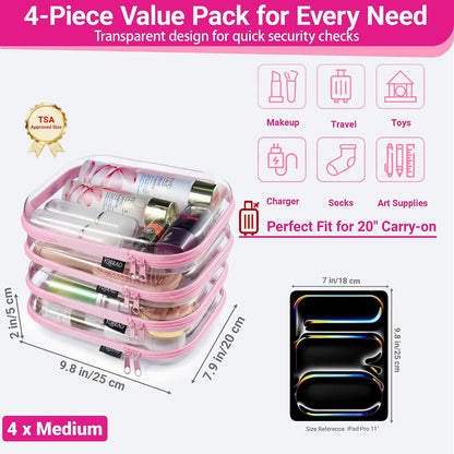 Clear Hard Shell Zipper Case, 1.2mm Heavy Duty Crush-Proof Diaper Bag Organizer Pouches, TSA Approved Travel Makeup Bag for Toiletries & Electronics, (2L, 2M, 2S) Multi-Size Storage Set