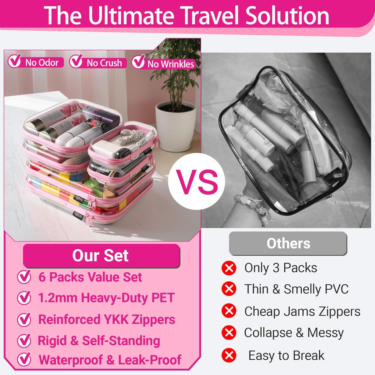 Clear Hard Shell Zipper Case, 1.2mm Heavy Duty Crush-Proof Diaper Bag Organizer Pouches, TSA Approved Travel Makeup Bag for Toiletries & Electronics, (2L, 2M, 2S) Multi-Size Storage Set
